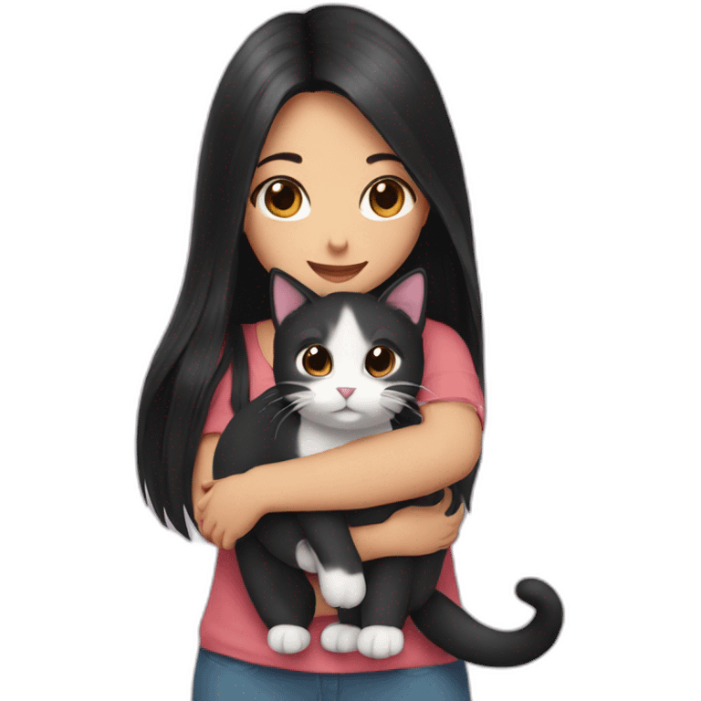 A girl with long black hair hugging a beautiful cat emoji