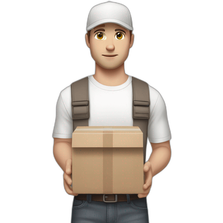 Pale skinned fit Man with dark brown hair in a light gray cap, dark brown jeans, brown polo and white T-shirt keeping a pasted with tape white box into his hands emoji