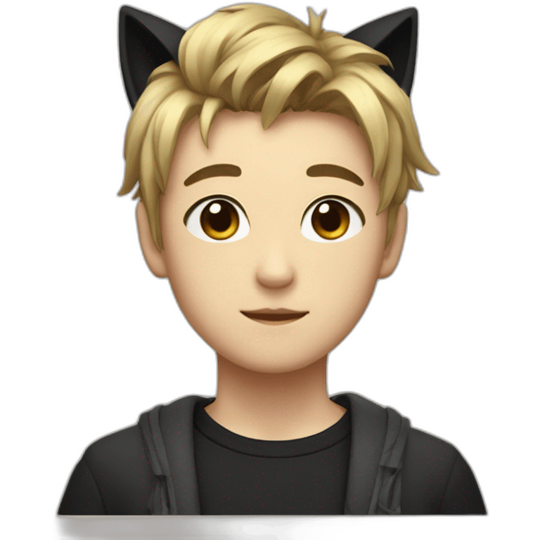 Japanese boy, with black cat ears and a cute hair style in black emoji