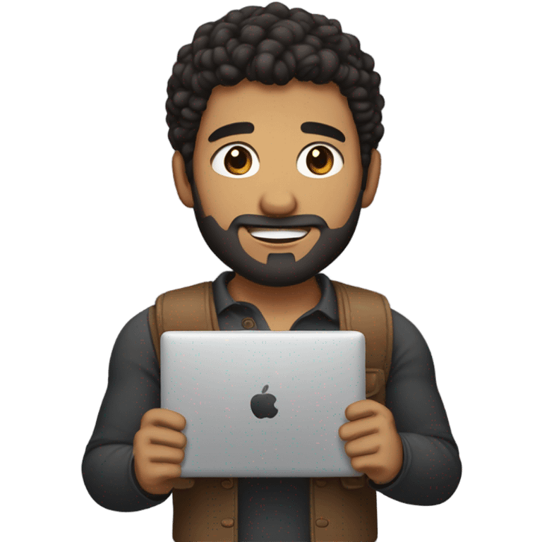 men holding his computer in hands. light brown skin men with curly black hair, dark brown eyes, little grown beard. little bit muscular. dressed casual. round face. emoji