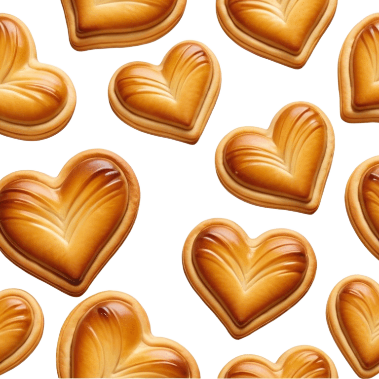 Cinematic crisp palmier, golden-brown heart-shaped pastries, perfectly caramelized layers, delicate and flaky, warm glowing background, inviting and delicious. emoji