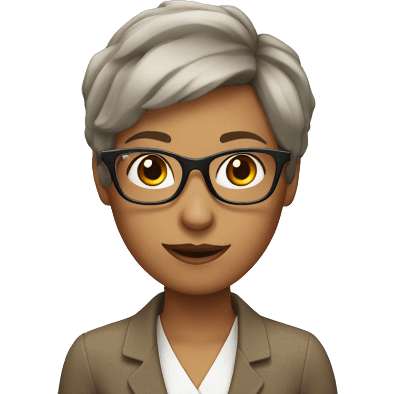 female teacher very short hair with glasses and saying hola emoji