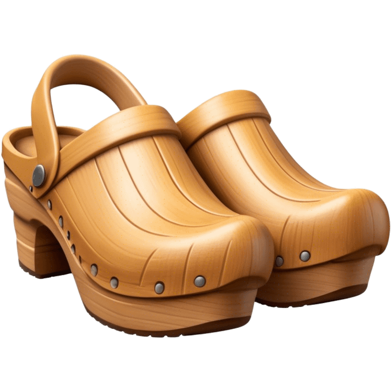 Cinematic Realistic Wooden Clogs Emoji, depicting the classic handcrafted footwear with a smooth, curved design and sturdy wooden soles, rendered with rich textures and warm, natural lighting. emoji