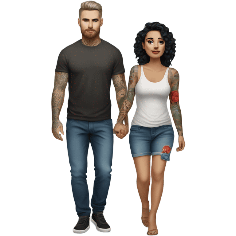 Hyper Realistic beautiful woman in the arms of a very handsome tattooed man walking  emoji