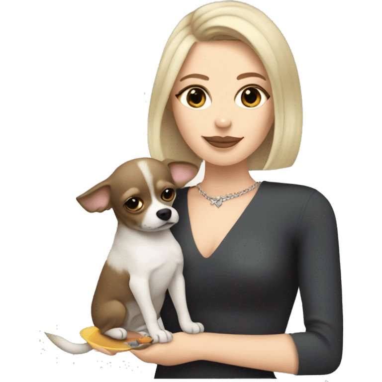 White girl with blonde and brown bob holding Grey and dark grey long haired chihuahua drinking a martini emoji