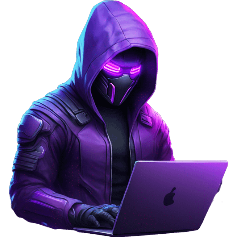 Hacker behind his laptop with this style : crysis Cyberpunk Valorant neon glowing bright purple character purple violet black hooded assassin themed character emoji