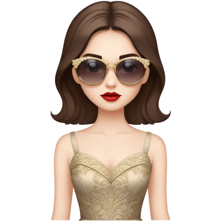 a pale brunette girl with elaborate makeup and dress, wearing sunglasses, confident emoji