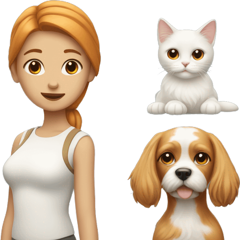 A girl with Maltese dog with ginger cat side by side  emoji