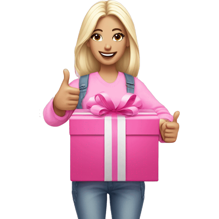 white skinned influencer advertising pink gift box in hands and thumbs up emoji