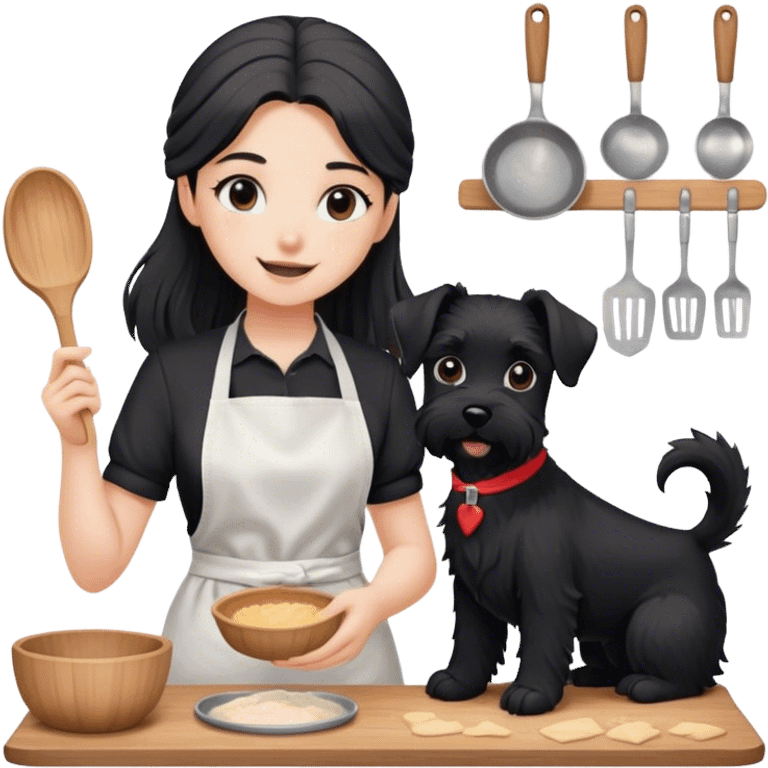 pale smiling girl baking with long back hair wearing black long shirt wearing apron holding black  schnauzer emoji