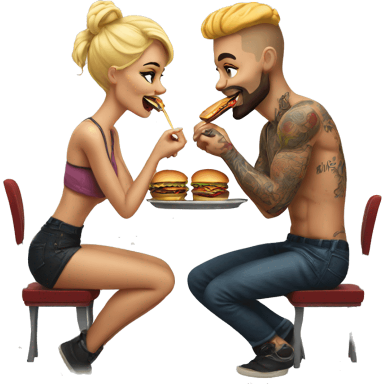 Beautiful tattooed couple eating burgers emoji