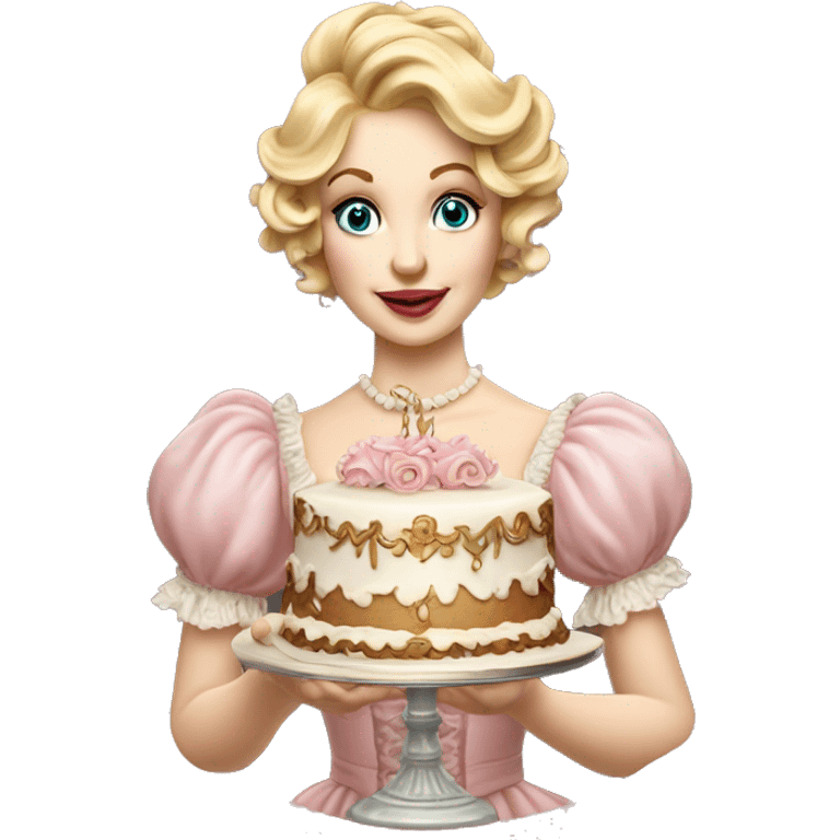 Blonde Woman holding a Vintage, highly detailed, rococo, Victorian, Birthday cake, pale pink, emoji