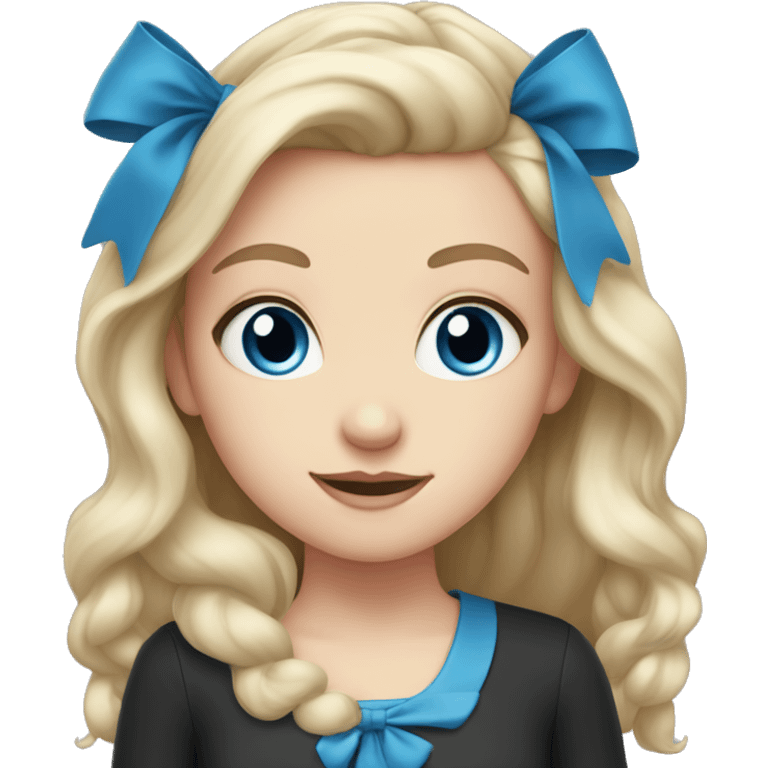 white girl, blue eyes, has black bow in hair emoji