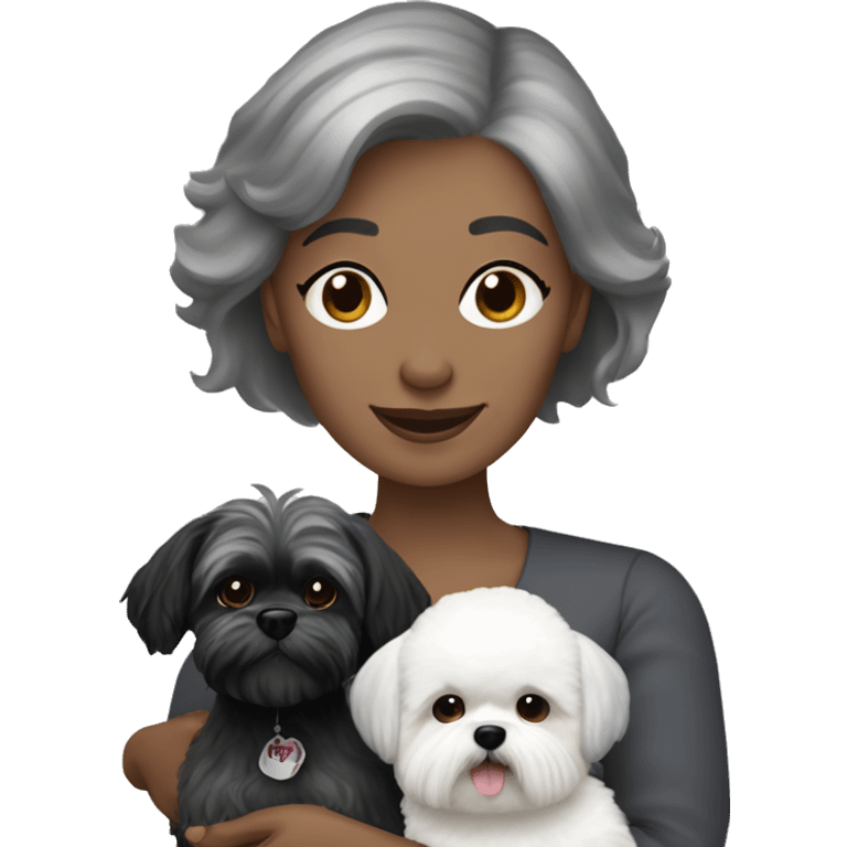 White women with short grey hair holding two dogs one black shih tzu and one white bichon frise emoji