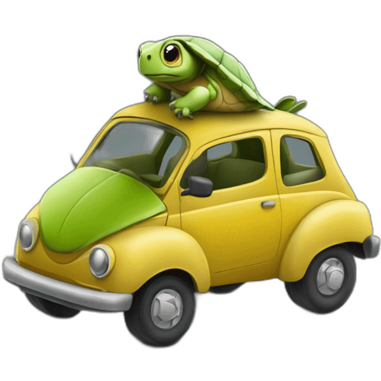 Voiture roule sur tortue qui vole emoji