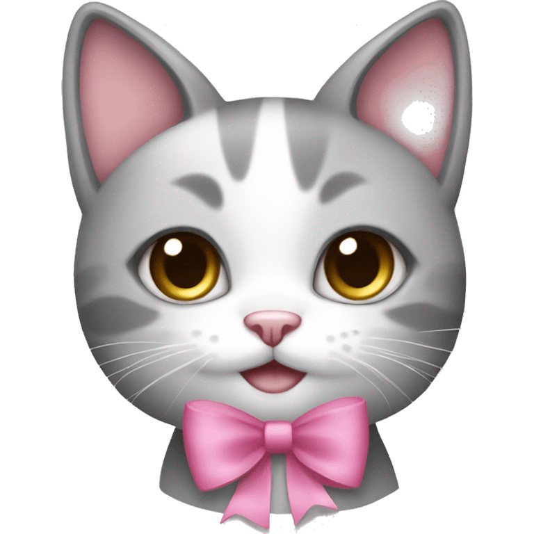 Cute grey & white cat with pink bow emoji