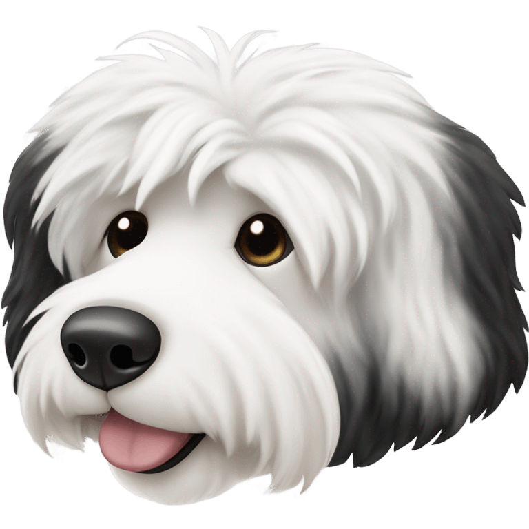 Old English sheepdog with a half and half face like a black and white cookie emoji