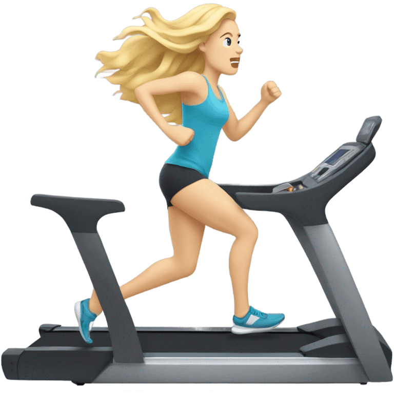 White woman, long hair, blonde hair, wavy hair, treadmill, sweating emoji