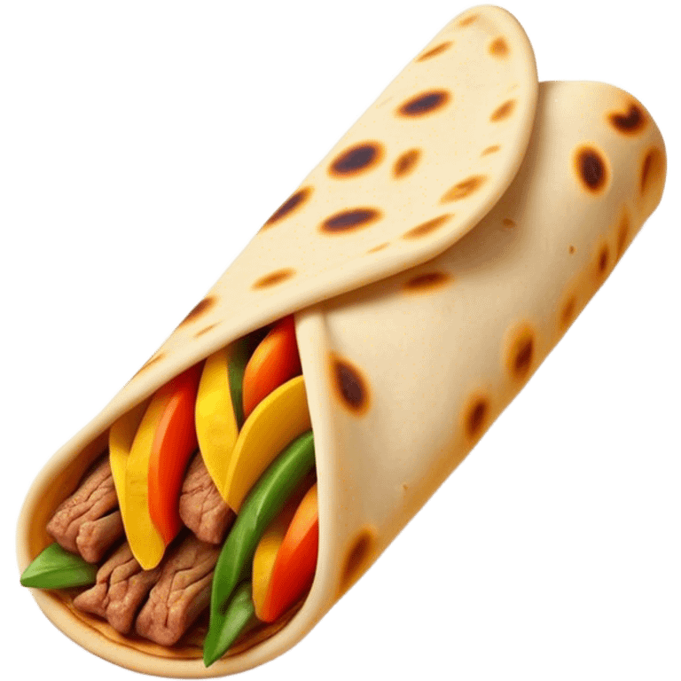 Cinematic Realistic Shawarma Dish Emoji, showcasing spiced, succulent meat wrapped in flatbread with fresh vegetables rendered with lifelike detail and dynamic, appetizing lighting. emoji