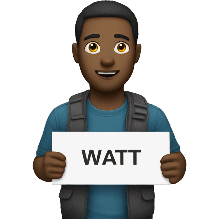 man holding up sign that says "wait" emoji