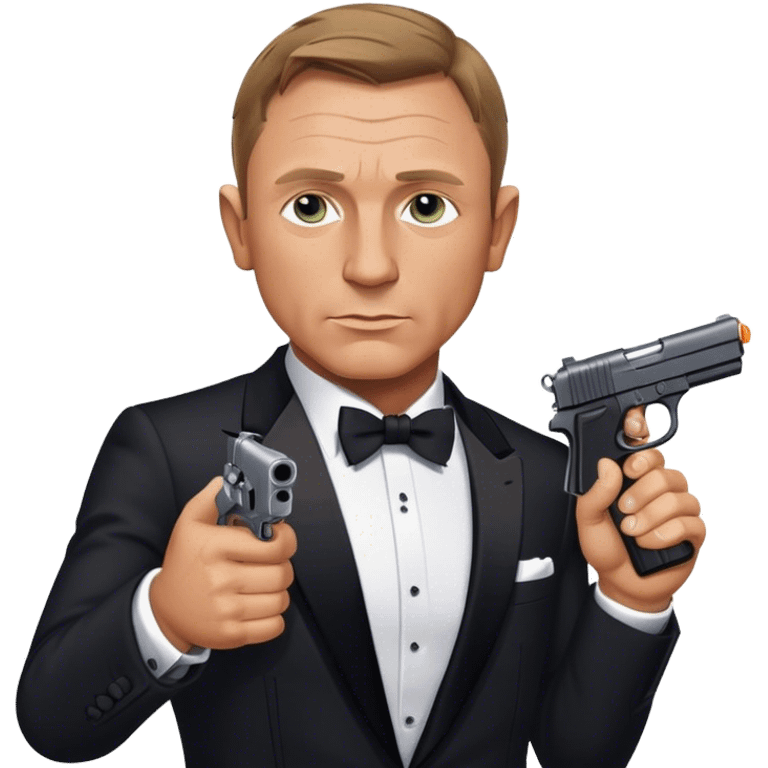 Cinematic Realistic James Bond Daniel Craig Portrait Emoji, depicted as the ultimate suave and enigmatic secret agent, donning a sharply tailored tuxedo, gripping a sleek handgun, with a piercing gaze that exudes confidence and danger. The scene is infused with moody, high-contrast cinematic lighting, evoking the thrilling world of espionage and intrigue. emoji