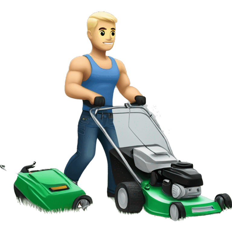 A muscular white man with tattoos cutting grass with a lawn mower emoji