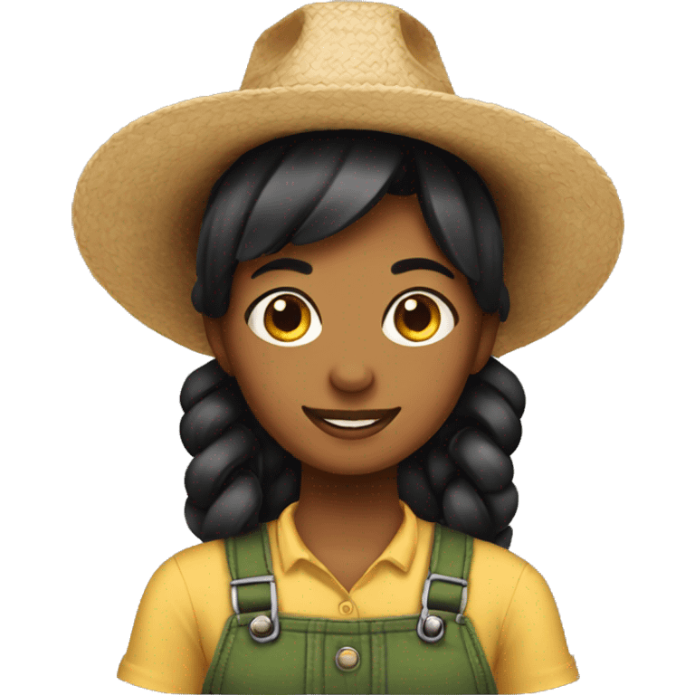 A farmer girl with black pigtails wearing a straw hat. emoji