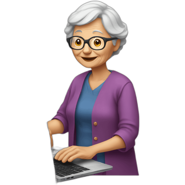 Old woman with a laptop and a vegetable emoji