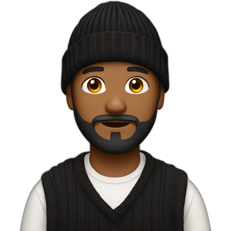 a man brown skin light mustache and beard with black beanie and sweater emoji