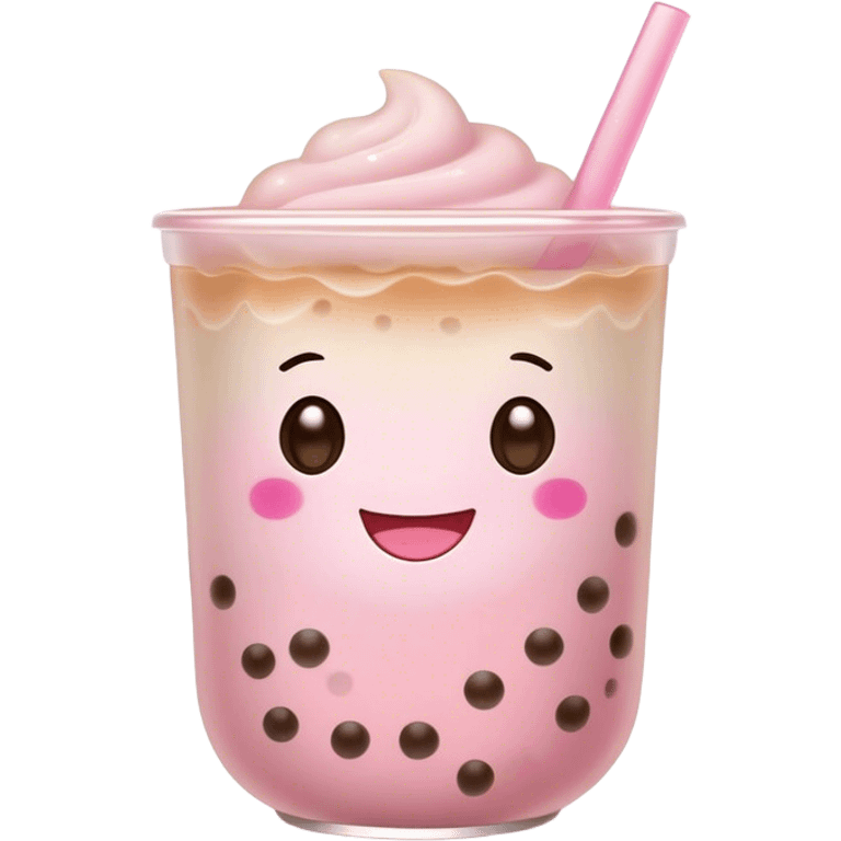 Cute Kawaii Boba Tea Cup, with a happy smiling face, chubby round shape, pastel pink and brown colors, soft glowing highlights, adorable tapioca pearls floating inside, sparkling eyes full of joy! emoji