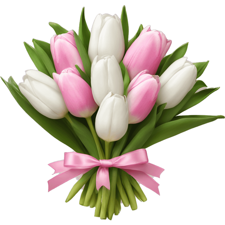 bouquet of white tulips and some pink tulips with a bow around it emoji