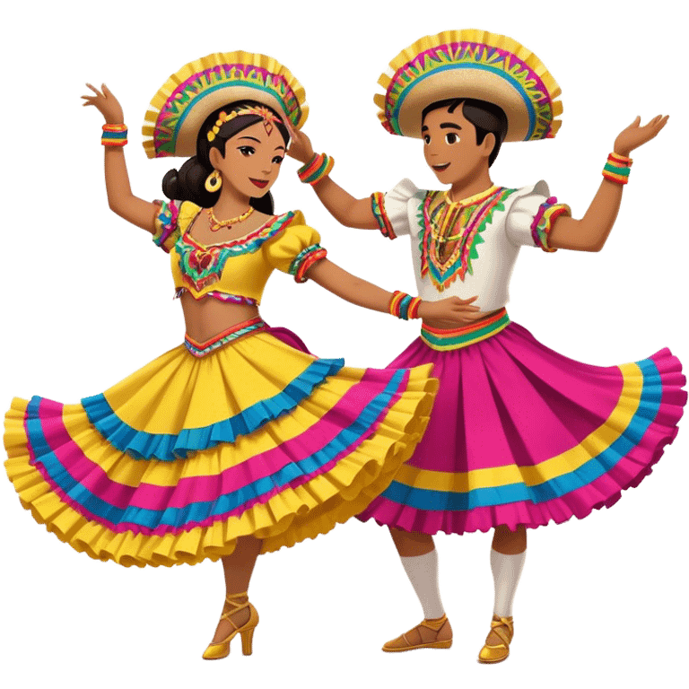 Cinematic Realistic scene of two dancers performing Cumbia, adorned in colorful traditional Colombian costumes with intricate details, captured in rhythmic motion with lively, festive lighting emoji