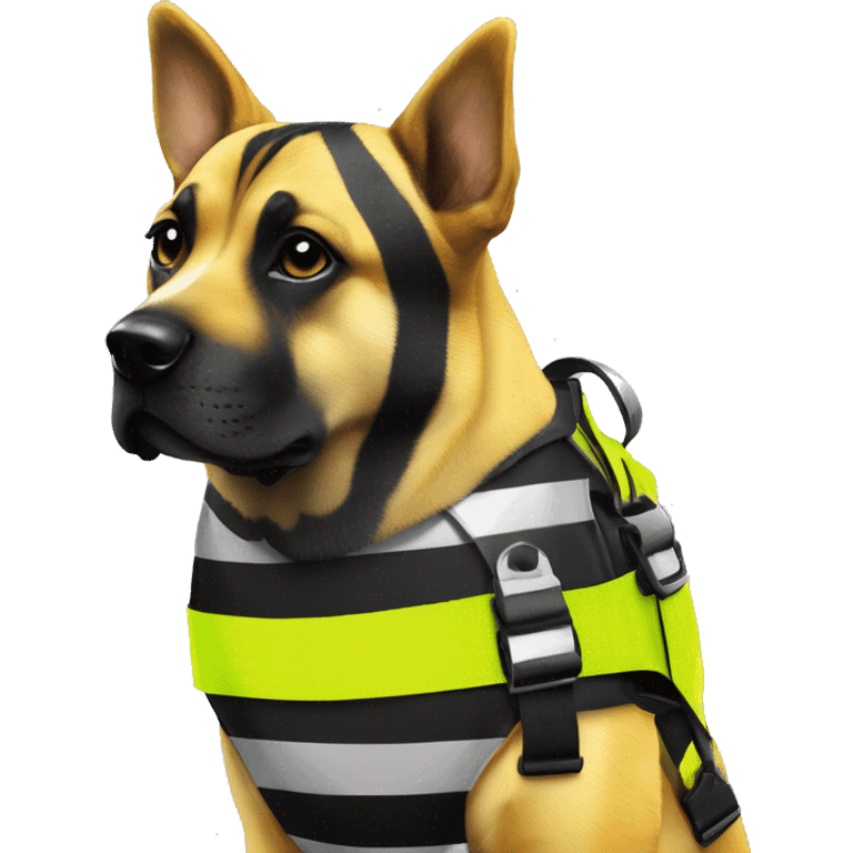 Neon Yellow and black striped caution dog covered in caution tape and holographic harness graffiti emoji