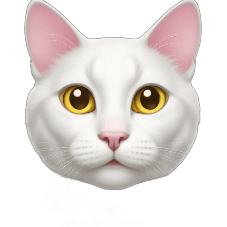 White cat, pink nose, gray around ears and eyes, thin white line on top of head, yellowish grayish eyes emoji