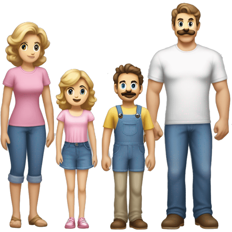 Father has brown hair with curled mustache and goatee, and a gray t-shirt with buttons. mother has brunette hair with pink highlights, cream-colored sundress with cherries on it. son has sandy blonde hair and blue super Mario t-shirt. emoji