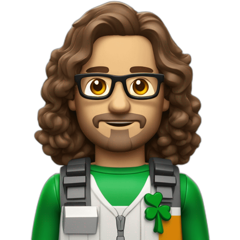 Half Puerto Rican and half Irish man with shoulder length wavy brown hair that wears glasses and is an iOS app programmer that likes legos, video games, and scifi movies emoji