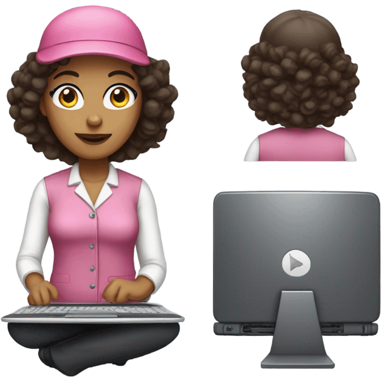 Medium skin tone woman technologist with laptop and pink top wearing a beret and  with dark curly hair emoji