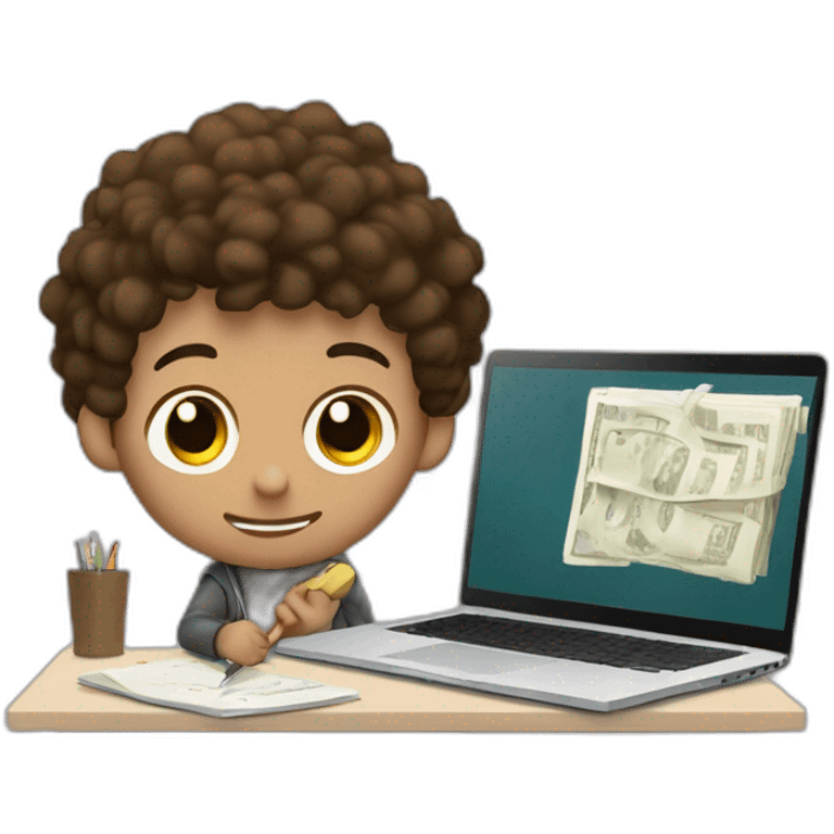 a boy with textured brown hair, with one hand writing on a Windows laptop, and with the other hand holding a stick, and who has money and a notebook on his desk emoji