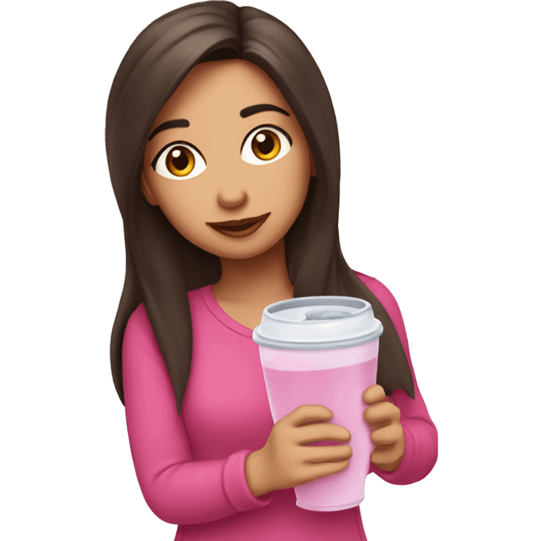 Brunette girl sipping water from pink Stanley cup emoji