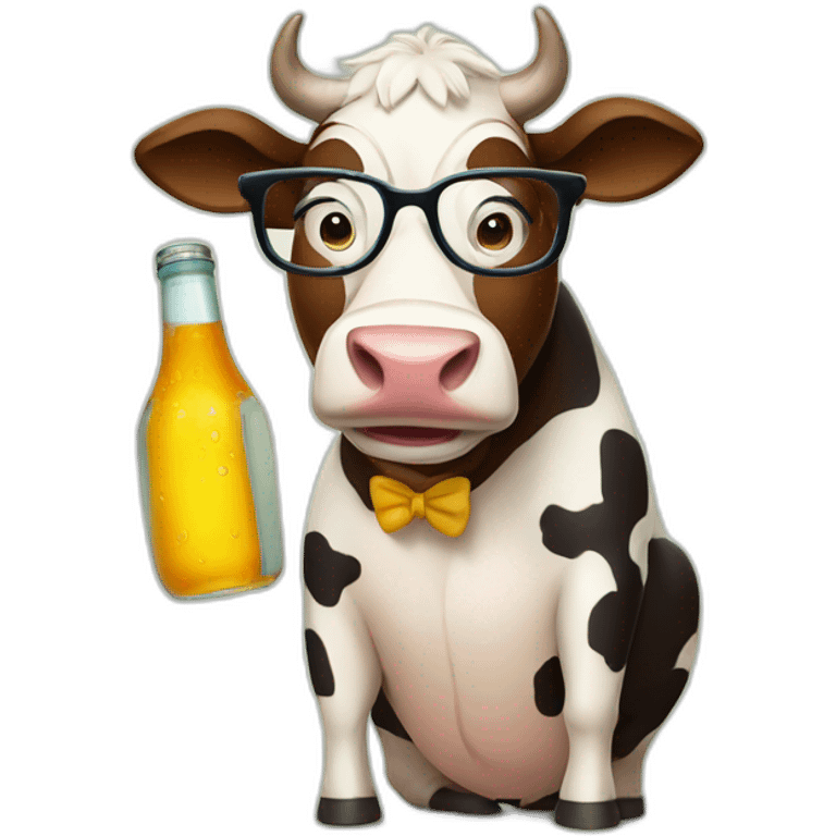 cartoon style cow with glasses drinking bear from bottle emoji