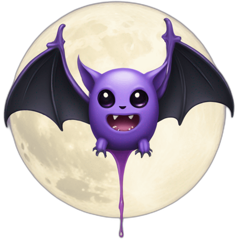 purple black vampire bat wings flying in front of large dripping grey crescent moon emoji