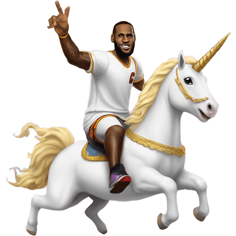 lebron james riding a unicorn over a rainbow emoji