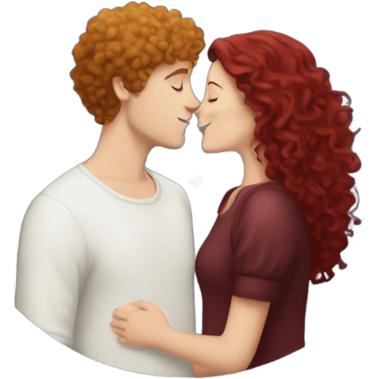 White girl with long burgundy hair kissing a white boy with curly short hair under a sky of star emoji