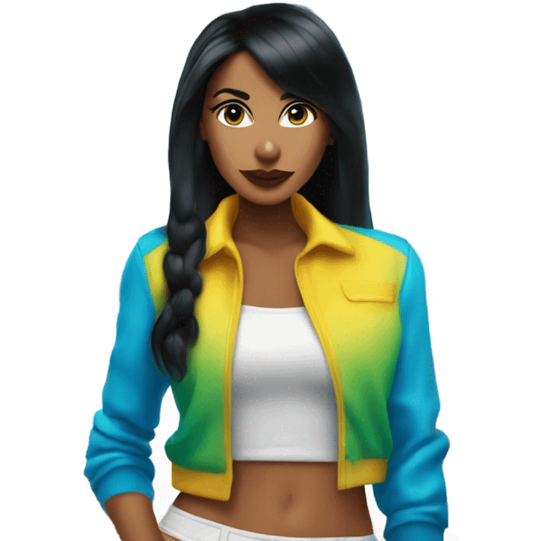 Tanned woman with long black hair dressed in Y2K R&B hair, makeup, and neon attire emoji