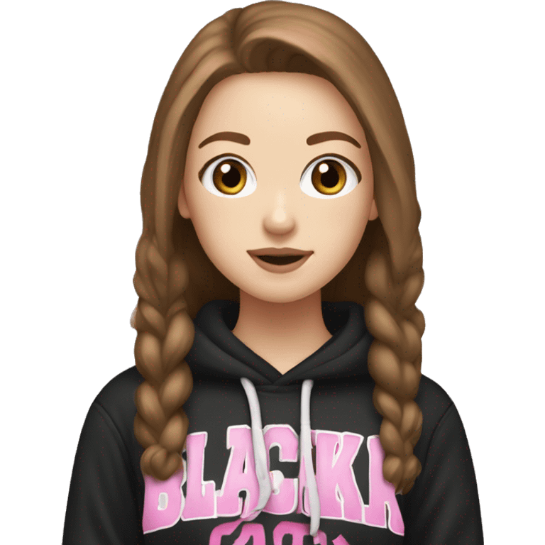 white girl, brown hair wearing blackpink hoodie emoji