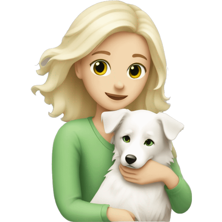 Blonde girl with Green eyes hugging white border collie emoji