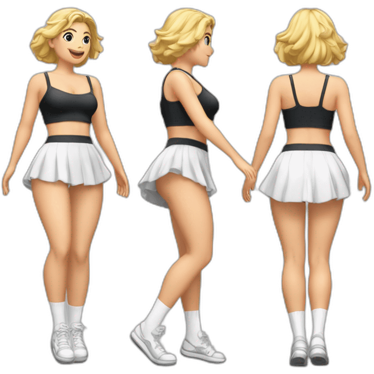 full-body-caucasian-curvy-beauty-jumping-short-black-skirt-back-and-front-views-strong-wind-white knickers-long-white-socks emoji