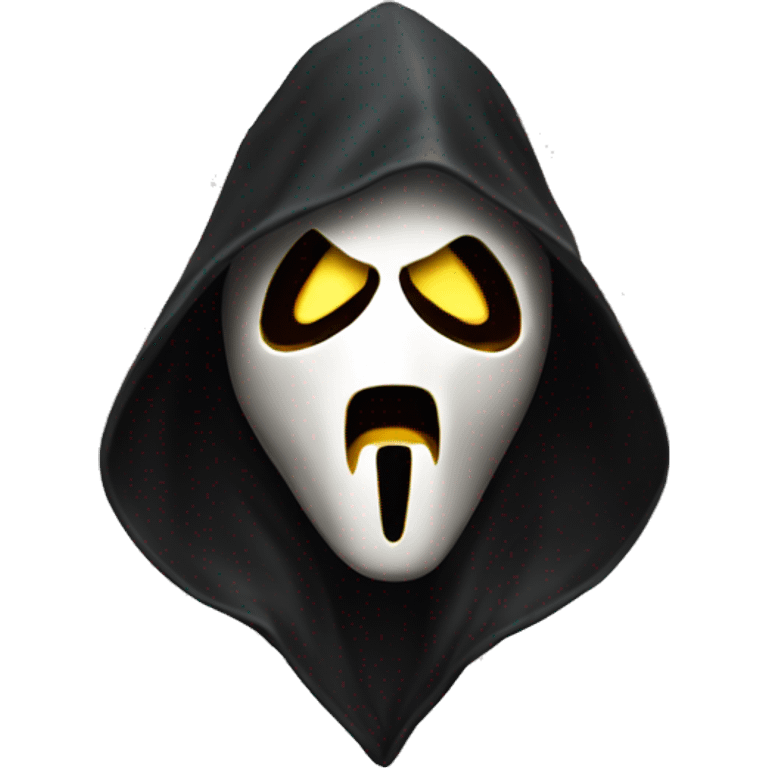 “Apple emoji of Ghostface: white mask with a screaming expression, dark eyes, and a black hooded cloak.” emoji