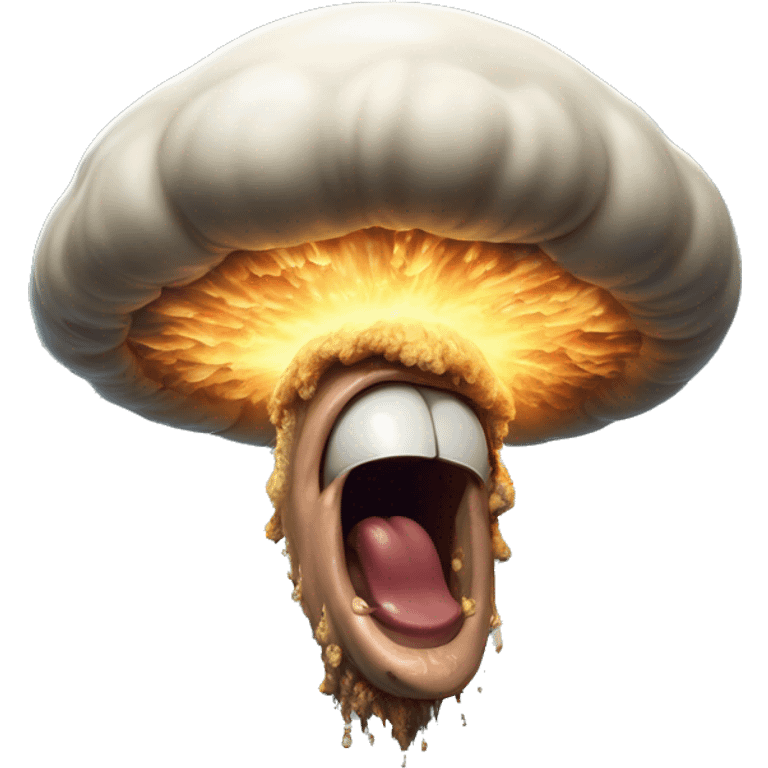 Laughing nuclear mushroom cloud in Uncle Scrooge style, oil paint, mysterious eyes, intricate lips, masterpiece pose, odd perspective, beautiful, desirable, logical emoji