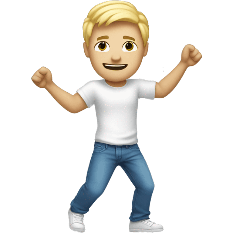 Dancing guy with white t shirt and blue jeans, white sKin and blonde hair emoji